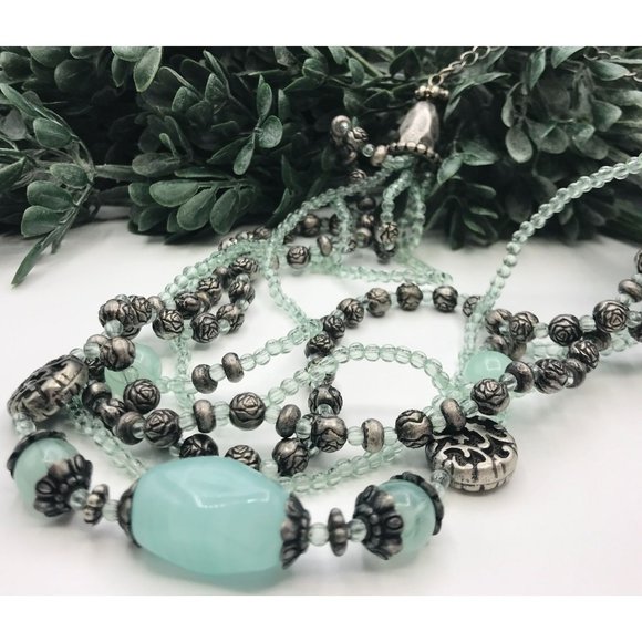 Necklace 5 strands of antique silver and aqua beads with seed beads by Premier D - Picture 1 of 3